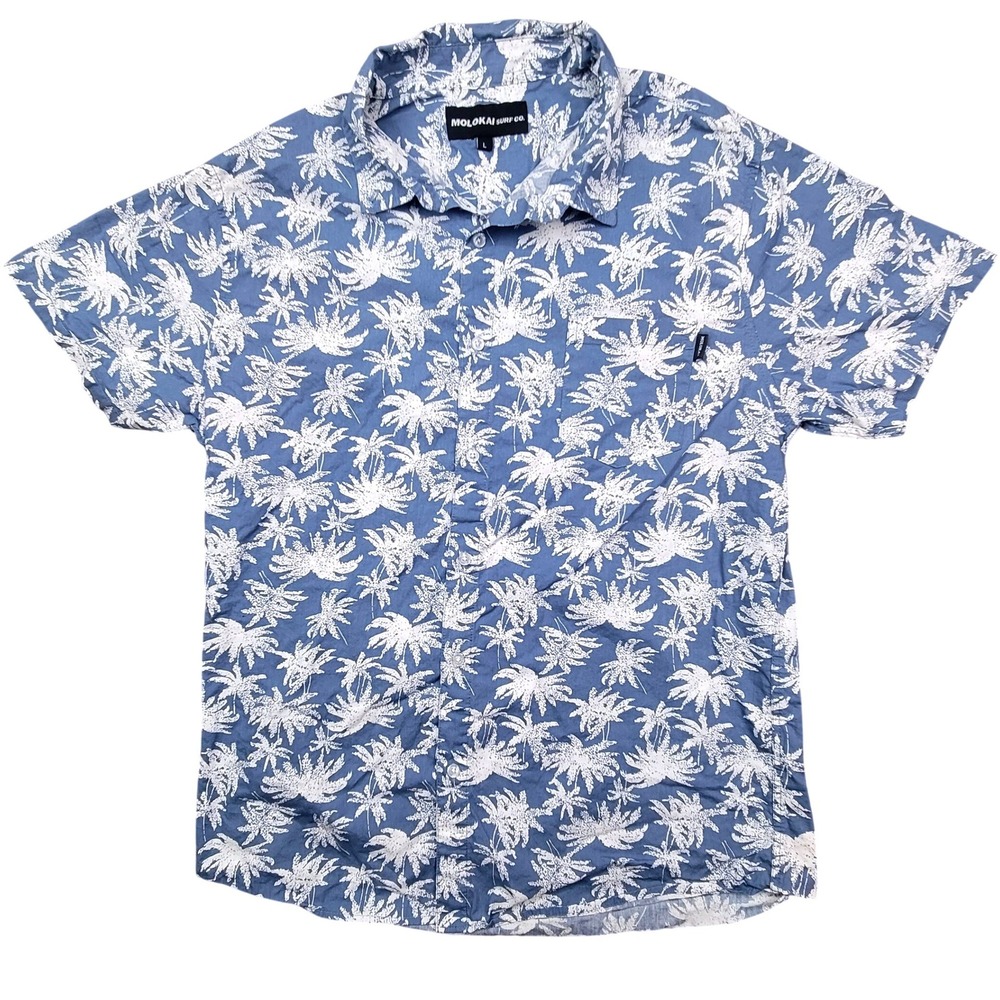 Molokai Surf Co Mens L Blue White Palm Tree Tropical Short Sleeve Button Shirt